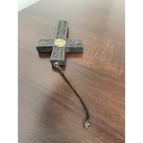 Vintage Hand-Carved Wooden Cross With Floral Brass Accent & Leather Strap - Picture 4 of 4